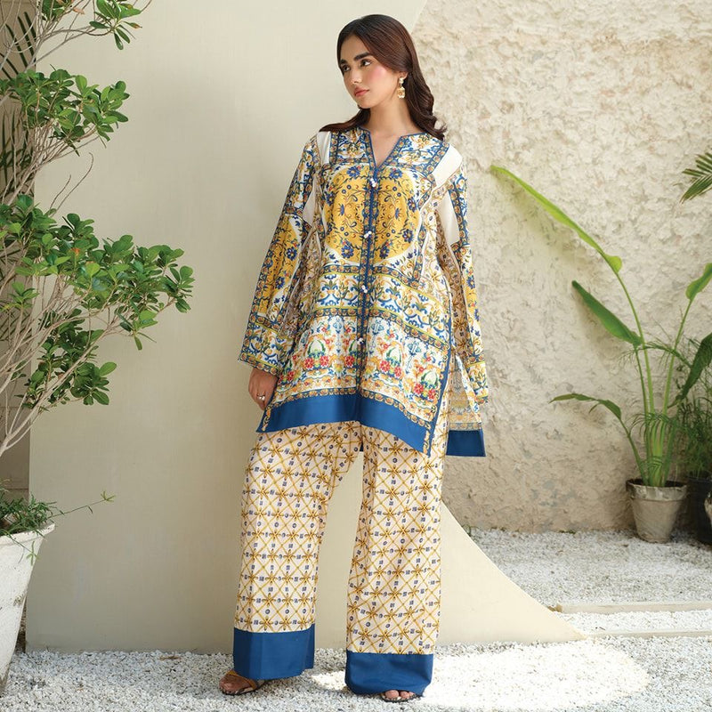 Elegant Blue And Yellow 2piece stitched